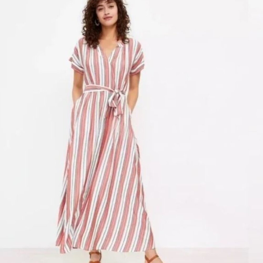 NWT LOFT Striped White Red Button-Down with Pockets Maxi Dress Size 0 - Picture 1 of 16